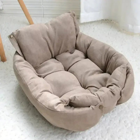 Photo d’un panier pour chien en plush beige avec coussin intégré, panier confortable intérieur