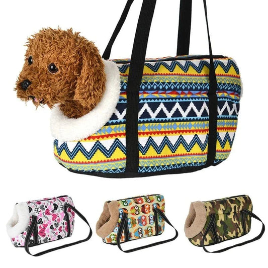 Sac avec joli design imprimé pour petits chiens, avec fourrure intérieure et collier plush