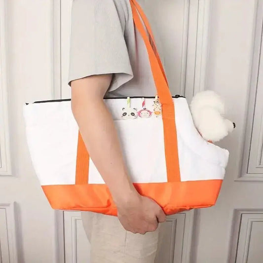 Sac cabas bicolore pour petit chien avec trou pour la tête et bandoulière confortable