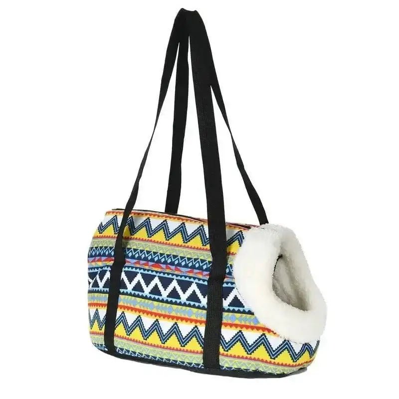 Patterné sac de transport tissu pour petit chien avec bandoulière noire, design fleuri léger
