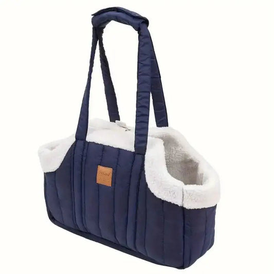 Sac de transport en tissu molletonné pour chien, sac cabas pour chien doublé chaud en bleu marine avec fausse fourrure blanche