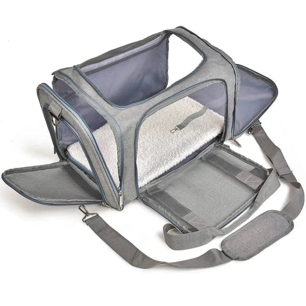Sac de transport gris avec bandoulière, idéal pour petits chiens et convient aux animaux en vol