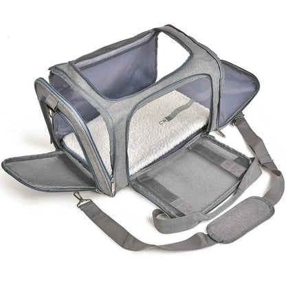 Sac de transport gris avec bandoulière, idéal pour petits chiens et convient aux animaux en vol