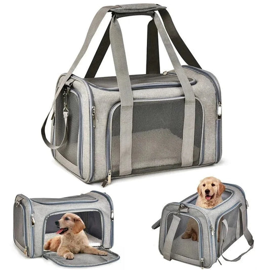 Sac de transport gris avec fenêtres en mesh, idéal pour petits chiens, convient aux animaux compagnies aériennes