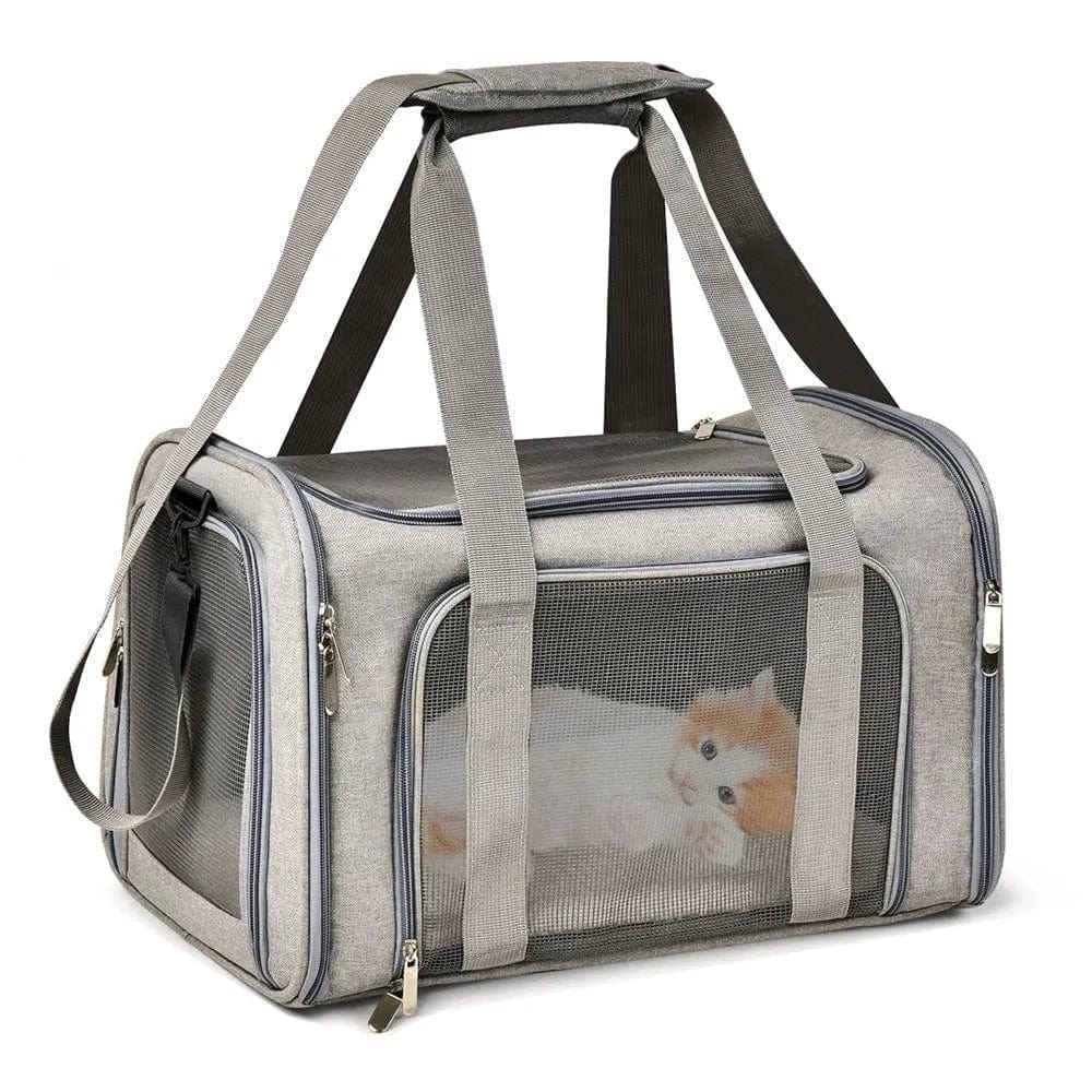 Sac de transport gris avec fenêtres en mesh, idéal pour petits chiens, convient aux animaux, compagnie aérienne