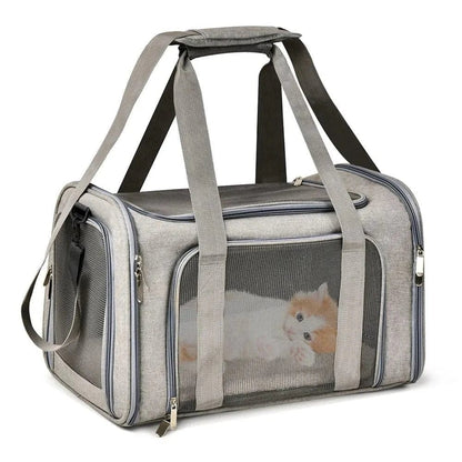 Sac de transport gris avec fenêtres en mesh, idéal pour petits chiens, convient aux animaux, compagnie aérienne