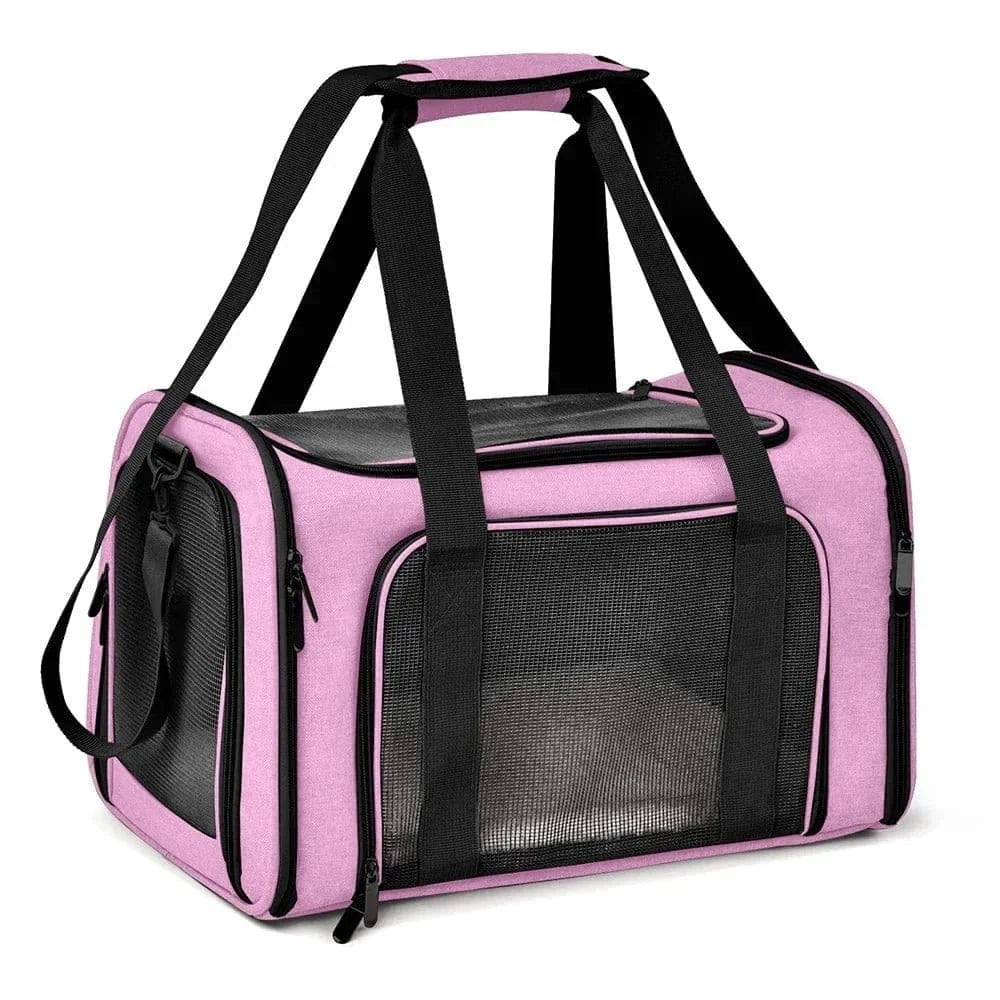 Sac de transport rose avec fenêtres en mesh, parfait pour petits chiens approuvé par les compagnies aériennes