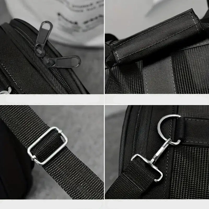 Détails du matériel noir sur sac de transport rigide pour chien respirant