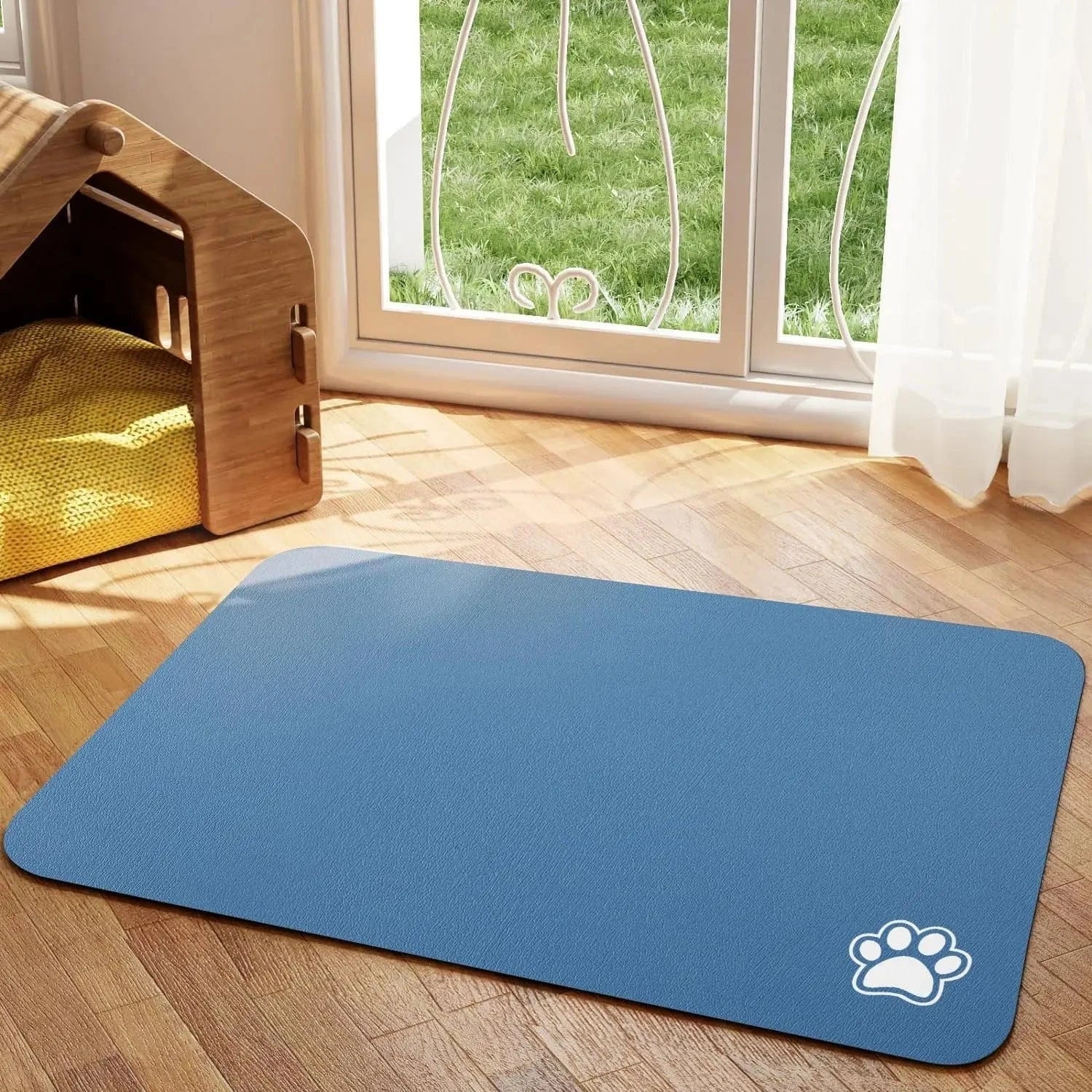 Tapis d’alimentation absorbant bleu avec empreinte de patte pour chien ou chat