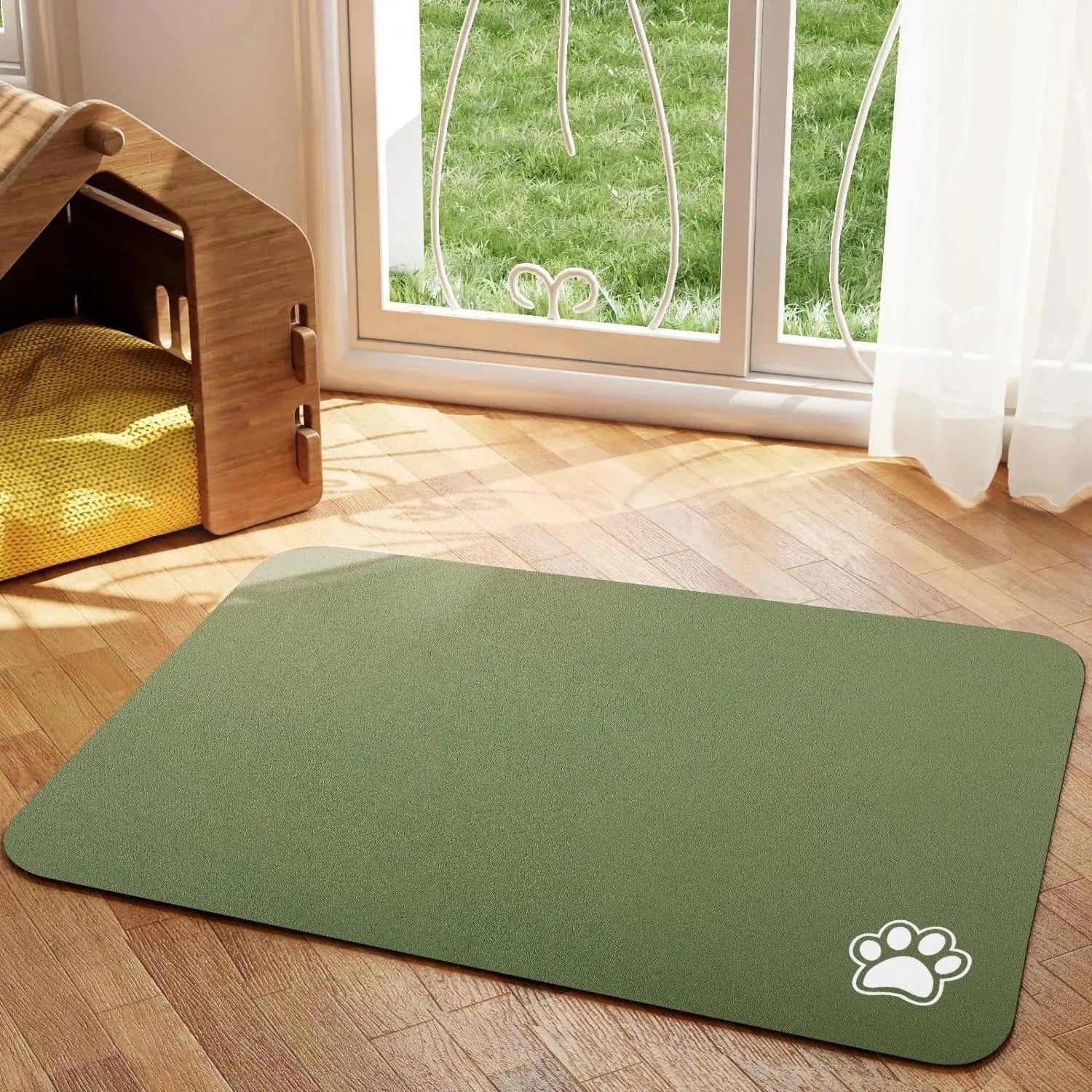 Tapis d’alimentation absorbant vert avec empreinte de patte, parfait pour votre animal
