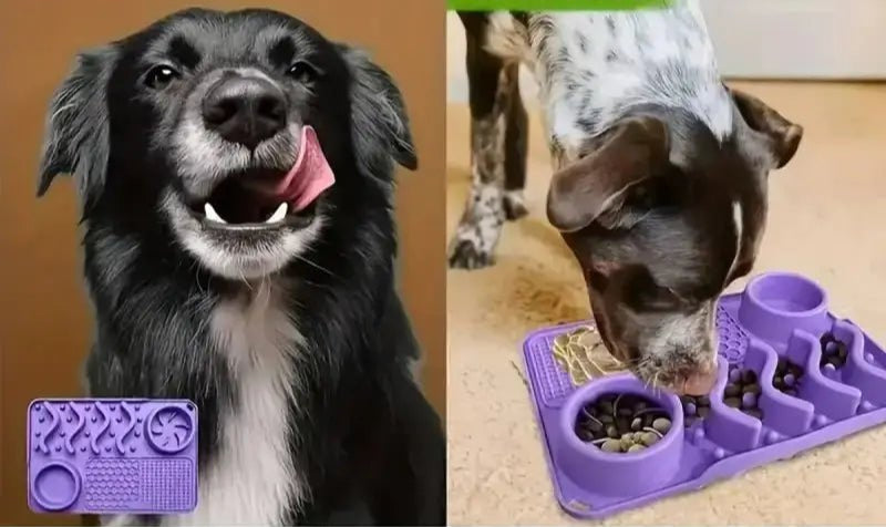 Image d’un tapis de fouille pour chien avec gamelle intégrée et zone de léchage violet