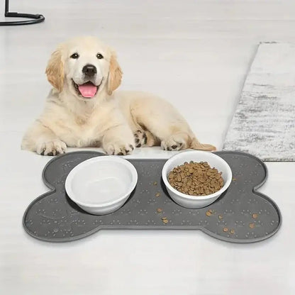 Tapis sous gamelle pour chien antidérapant en forme d’os avec bols en silicone