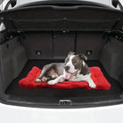 Tapis pliable pour chien confortable en voyage, gris et blanc sur lit rouge