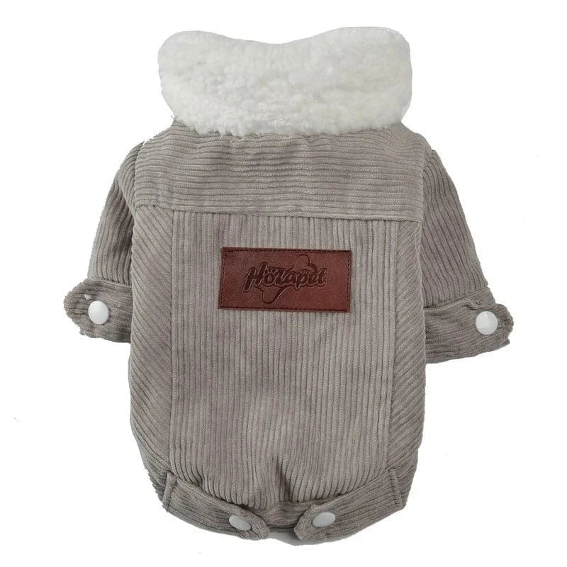 Veste automne/hiver pour petits chiens en velours côtelé gris avec col en fausse fourrure blanche