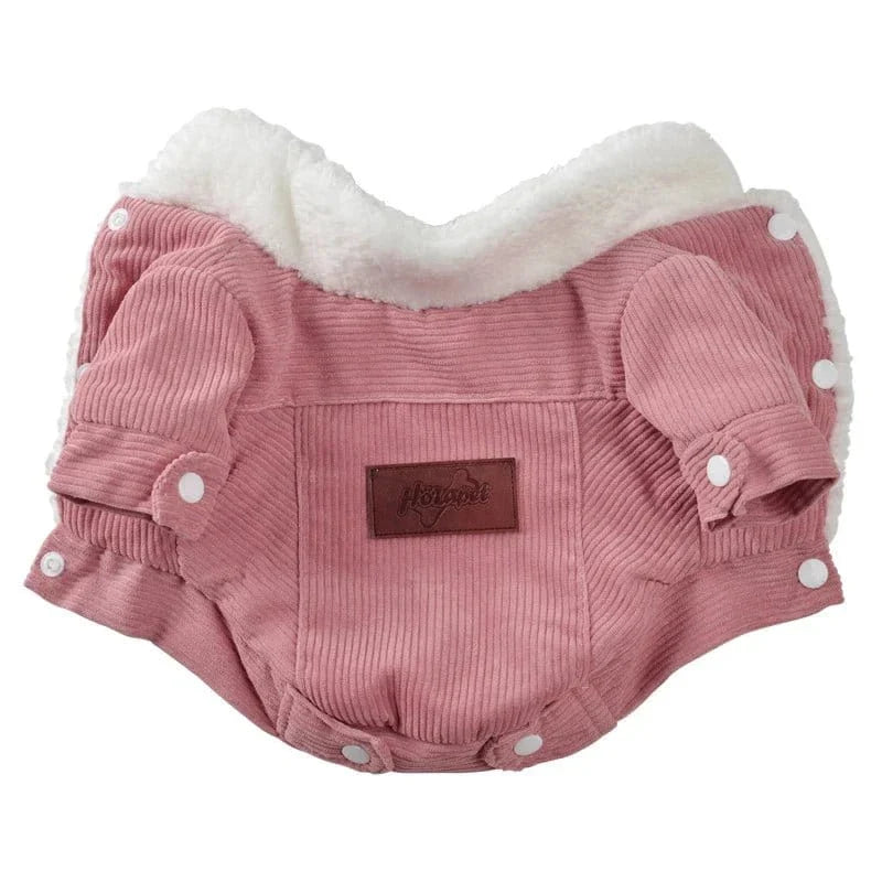 Veste chaude d’automne pour petits chiens en corduroy rose avec fausse fourrure blanche