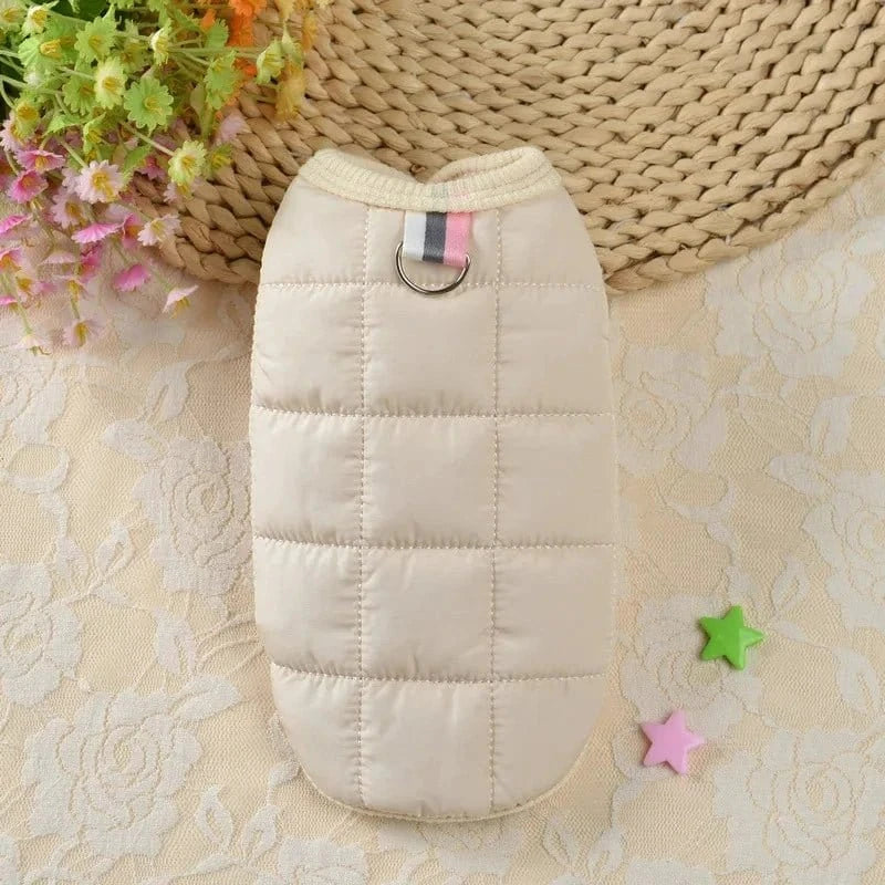 Veste coupe-vent beige quiltée pour petits chiens, principalement conçue pour petites races